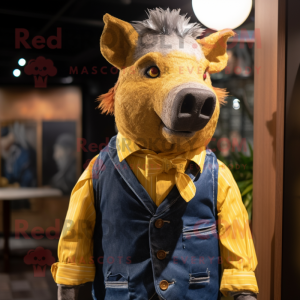 Gold Wild Boar mascot costume character dressed with a Denim Shirt and Bow ties