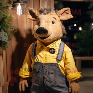 Gold Wild Boar mascot costume character dressed with a Denim Shirt and Bow ties
