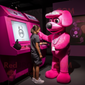 Magenta Dog mascot costume character dressed with a Tank Top and Watches