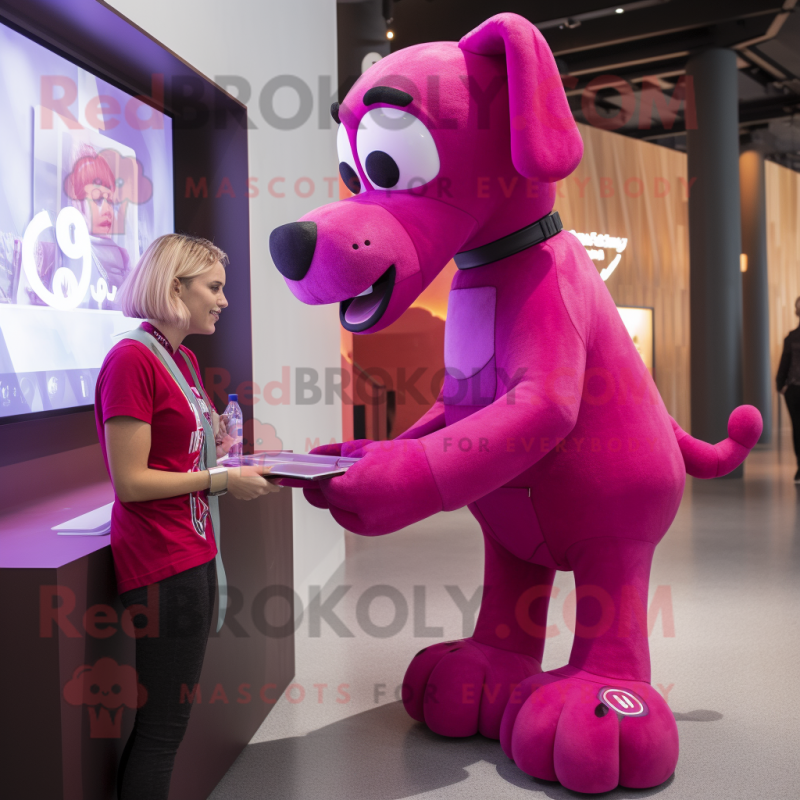 Magenta Dog mascot costume character dressed with a Tank Top and Watches Magenta Dog mascot costume character dressed with a Tank Top and Watches