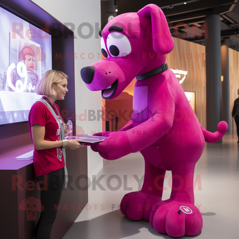 Magenta Dog mascot costume character dressed with a Tank Top and Watches