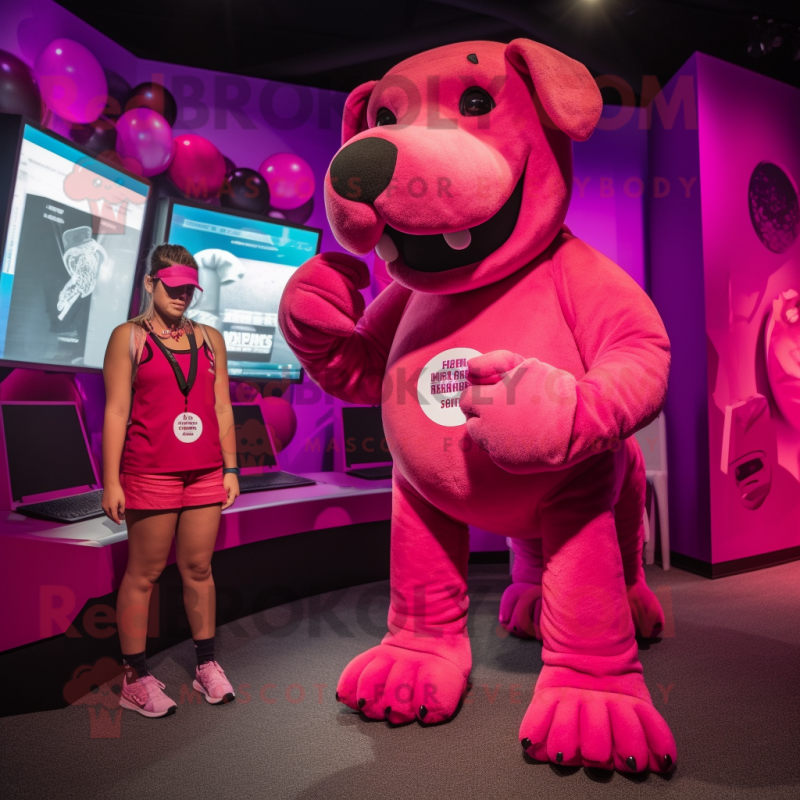 Magenta Dog mascot costume character dressed with a Tank Top and Watches