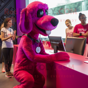 Magenta Dog mascot costume character dressed with a Tank Top and Watches