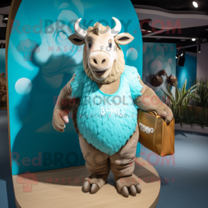 Cyan Woolly Rhinoceros mascot costume character dressed with a Bikini and Handbags