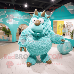 Cyan Woolly Rhinoceros mascot costume character dressed with a Bikini and Handbags
