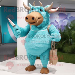 Cyan Woolly Rhinoceros mascot costume character dressed with a Bikini and Handbags