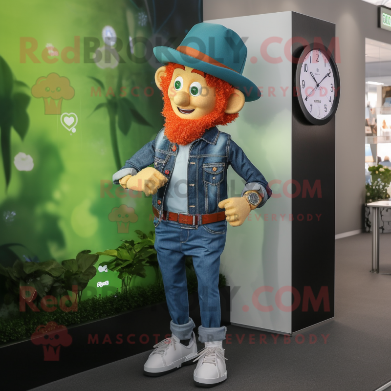 nan Leprechaun Hat mascot costume character dressed with a Denim Shirt and Smartwatches nan Leprechaun Hat mascot costume character dressed with a Denim Shirt and Smartwatches