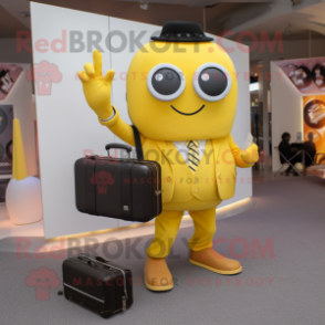 Yellow Camera mascot costume character dressed with a Suit Pants and Handbags