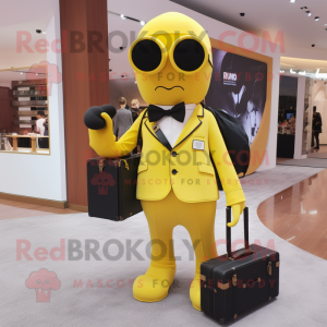 Yellow Camera mascot costume character dressed with a Suit Pants and Handbags