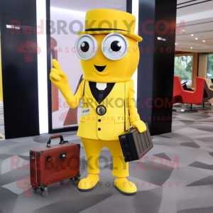 Yellow Camera mascot costume character dressed with a Suit Pants and Handbags