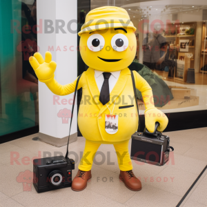 Yellow Camera mascot costume character dressed with a Suit Pants and Handbags