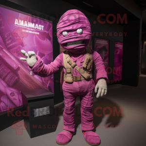 Magenta Mummy mascot costume character dressed with a Cargo Pants and Pocket squares
