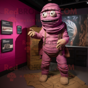 Magenta Mummy mascot costume character dressed with a Cargo Pants and Pocket squares