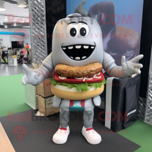 Silver Burgers mascot costume character dressed with a Board Shorts and Clutch bags