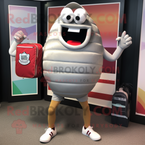 Silver Burgers mascot costume character dressed with a Board Shorts and Clutch bags