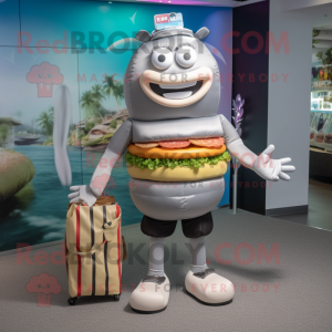 Silver Burgers mascot costume character dressed with a Board Shorts and Clutch bags