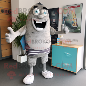 Silver Burgers mascot costume character dressed with a Board Shorts and Clutch bags