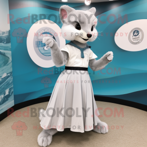 Silver Weasel mascot costume character dressed with a Circle Skirt and Belts