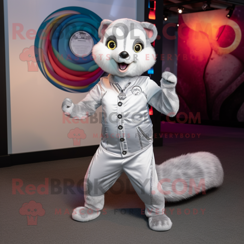 Silver Weasel mascot costume character dressed with a Circle Skirt and Belts