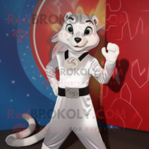 Silver Weasel mascot costume character dressed with a Circle Skirt and Belts