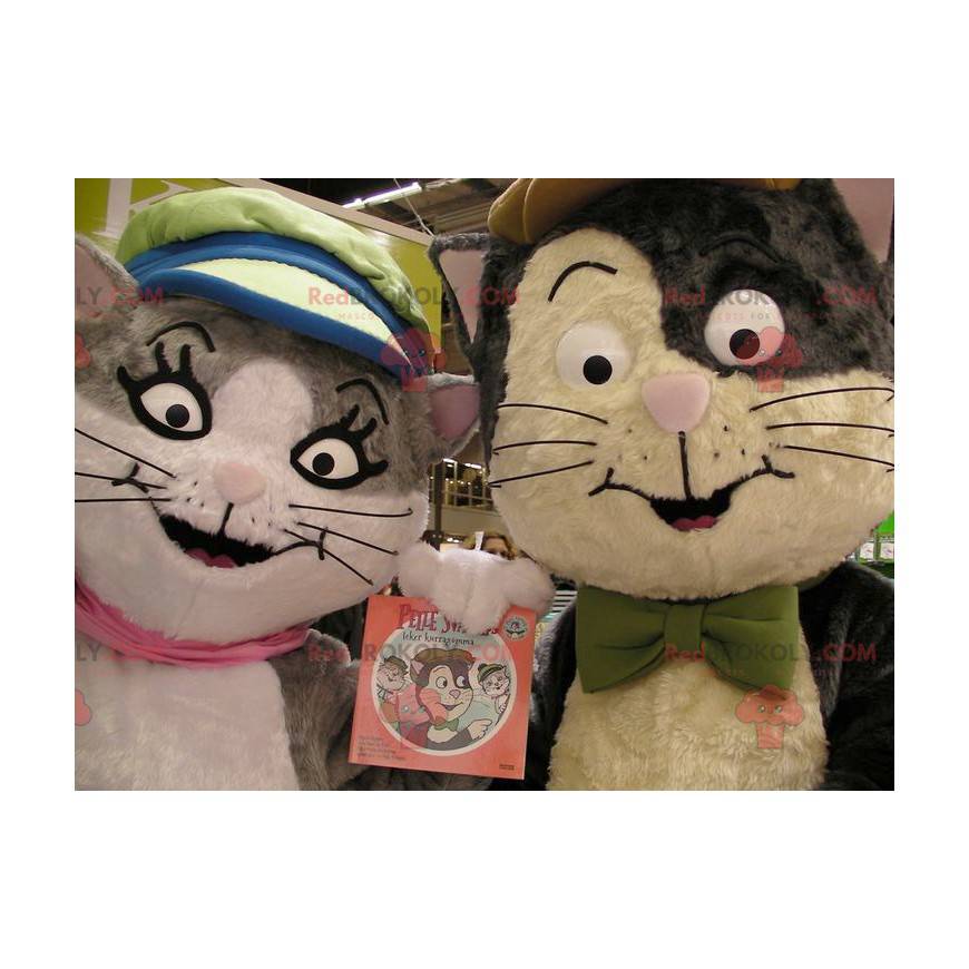 2 Katzenmaskottchen, eines grau und weiß, das andere braun und 2 Katzenmaskottchen, eines grau und weiß, das andere braun und