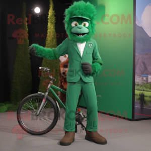 Forest Green Unicyclist mascot costume character dressed with a Suit Jacket and Gloves