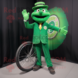 Forest Green Unicyclist mascot costume character dressed with a Suit Jacket and Gloves