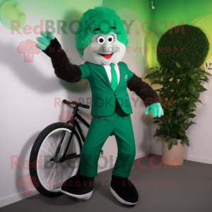 Forest Green Unicyclist mascot costume character dressed with a Suit Jacket and Gloves