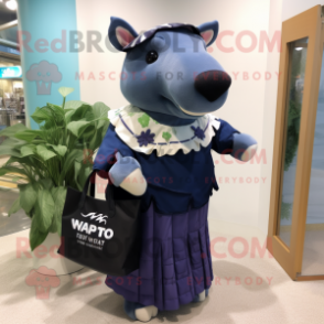 Navy Tapir mascot costume character dressed with a Wrap Skirt and Handbags