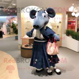 Navy Tapir mascot costume character dressed with a Wrap Skirt and Handbags
