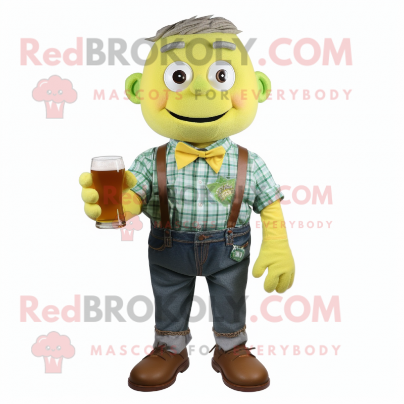 Yellow Green Beer mascot costume character dressed with a Chambray Shirt and Bow ties Yellow Green Beer mascot costume character dressed with a Chambray Shirt and Bow ties