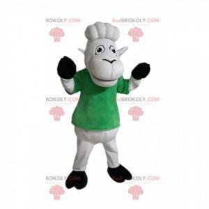 Maskot bílé ovce se zeleným tričkem. Ovčí kostým -