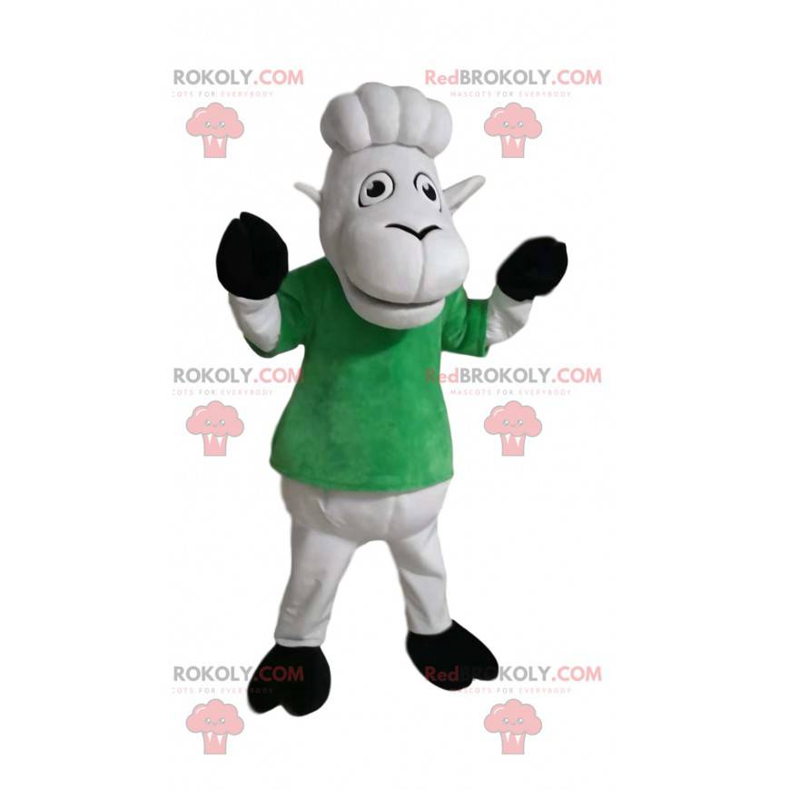 Mascotte delle pecore bianche con una maglietta verde. Costume