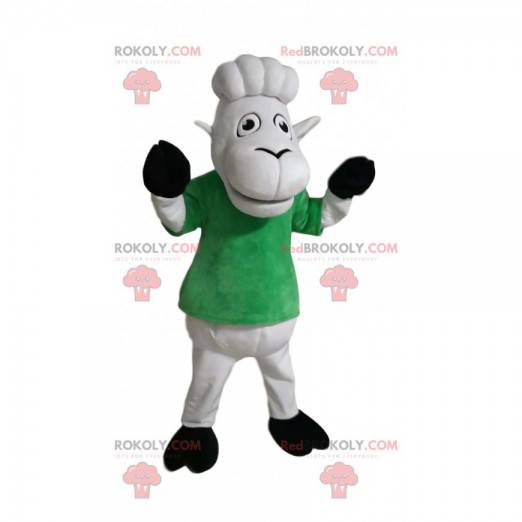 Mascote da ovelha branca com uma t-shirt verde. Fantasia de