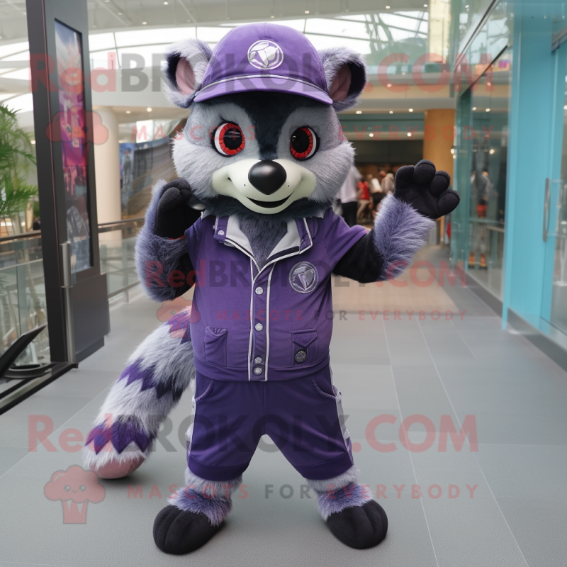 Lavender Raccoon mascot costume character dressed with a Jumpsuit and Caps