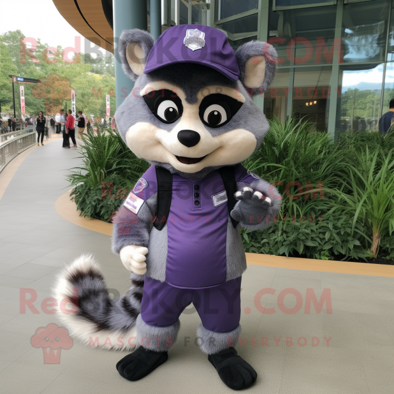 Lavender Raccoon mascot costume character dressed with a Jumpsuit and Caps