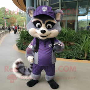 Lavender Raccoon mascot costume character dressed with a Jumpsuit and Caps