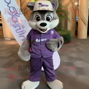 Lavender Raccoon mascot costume character dressed with a Jumpsuit and Caps