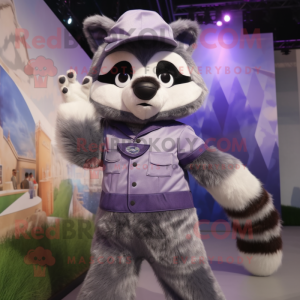 Lavender Raccoon mascot costume character dressed with a Jumpsuit and Caps