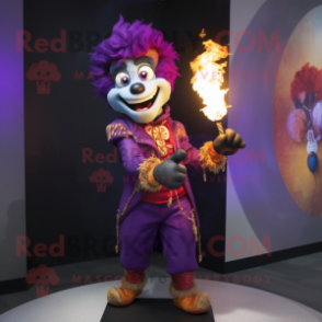 Purple Fire Eater mascot costume character dressed with a Jacket and Necklaces