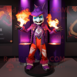 Purple Fire Eater mascot costume character dressed with a Jacket and Necklaces