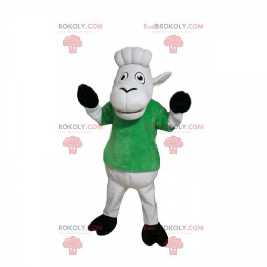 Weißes Schafmaskottchen mit einem grünen T-Shirt. Schafskostüm