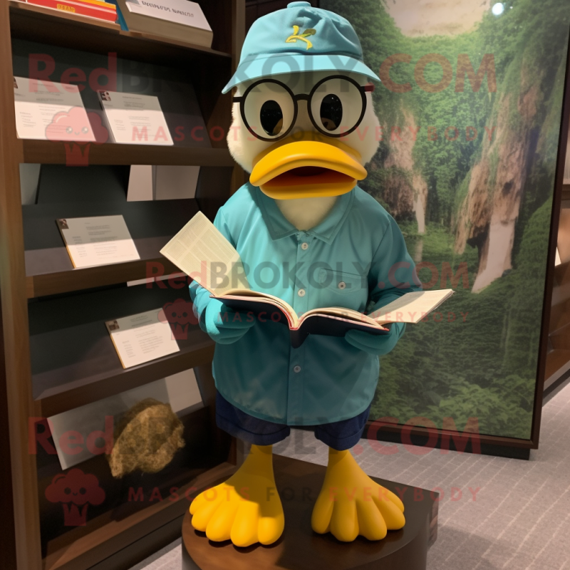 Teal Duck mascot costume character dressed with a Cargo Shorts and Reading glasses