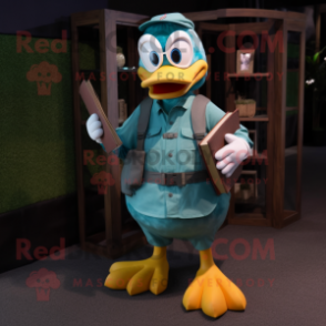 Teal Duck mascot costume character dressed with a Cargo Shorts and Reading glasses