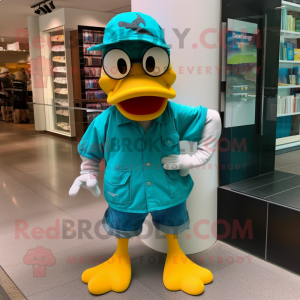 Teal Duck mascot costume character dressed with a Cargo Shorts and Reading glasses