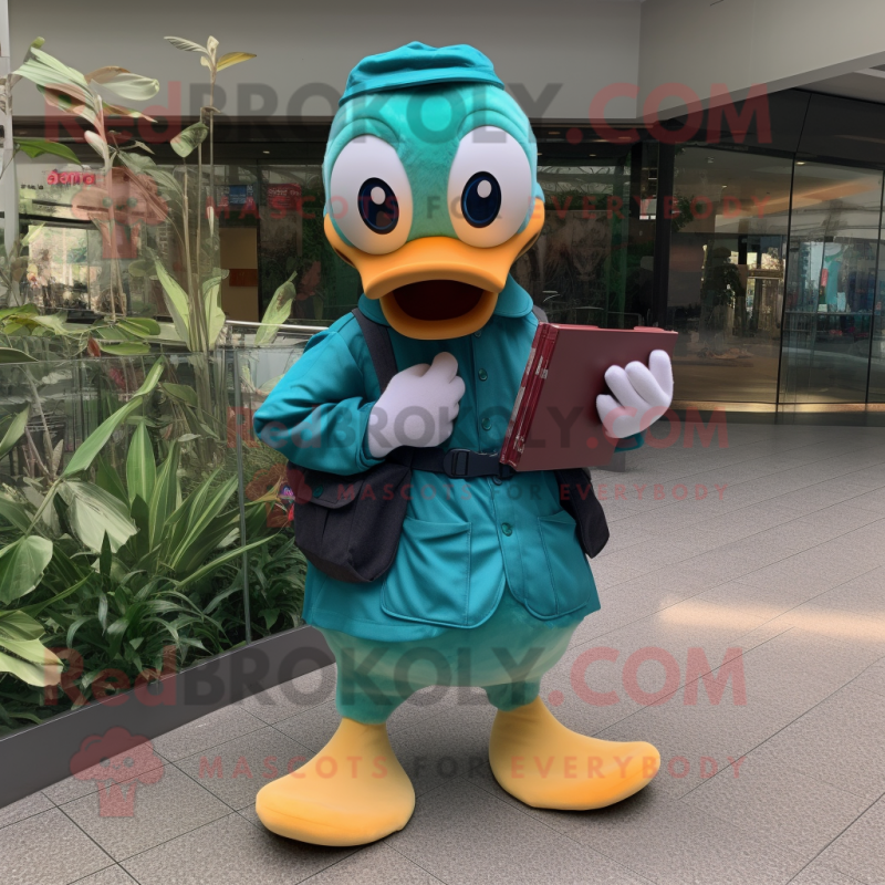 Teal Duck mascot costume character dressed with a Cargo Shorts and Reading glasses