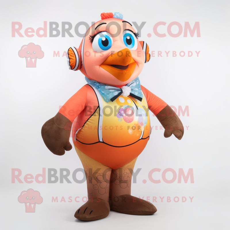 Tan Clown Fish mascot costume character dressed with a Bikini and Earrings Tan Clown Fish mascot costume character dressed with a Bikini and Earrings