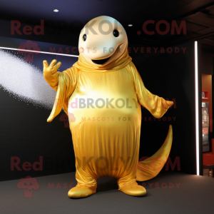 Gold Whale mascot costume character dressed with a Long Sleeve Tee and Mittens