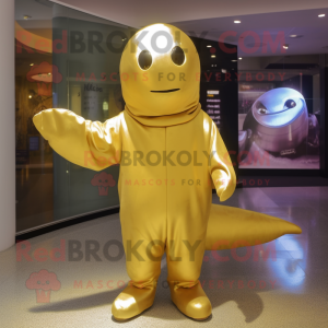 Gold Whale mascot costume character dressed with a Long Sleeve Tee and Mittens