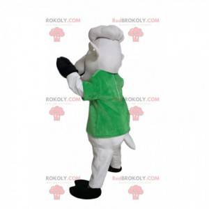 Mascotte de mouton blanc avec un t-shirt vert. Costume de